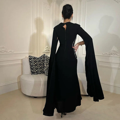 Arabic Black Mermaid Elegant Cape Sleeves Beaded Satin Luxury Dubai Evening Dresses Gowns For Women Party LA72461