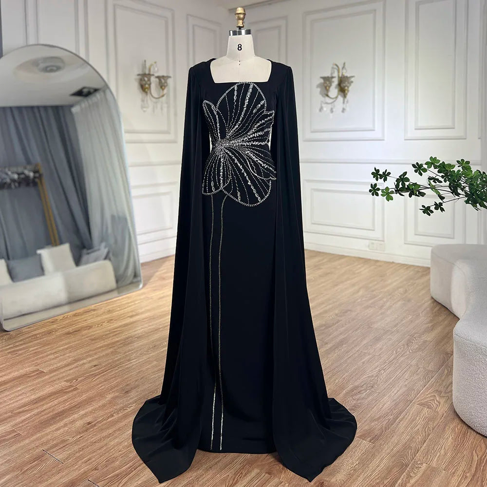 Vestido de noche de lujo estilo sirena, elegante, con mangas capa, bordado en satén y cuentas, estilo árabe, ideal para fiestas y eventos en Dubái (LA72461) 
