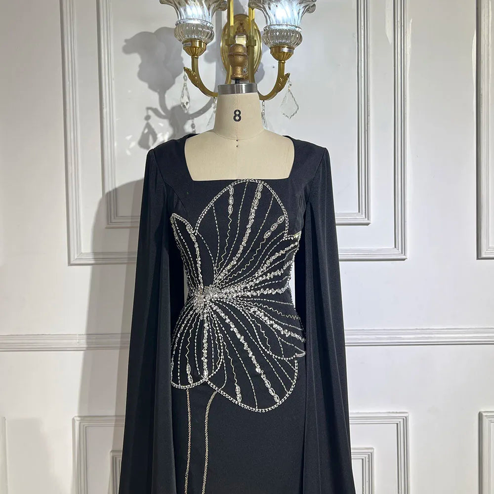 Vestido de noche de lujo estilo sirena, elegante, con mangas capa, bordado en satén y cuentas, estilo árabe, ideal para fiestas y eventos en Dubái (LA72461) 
