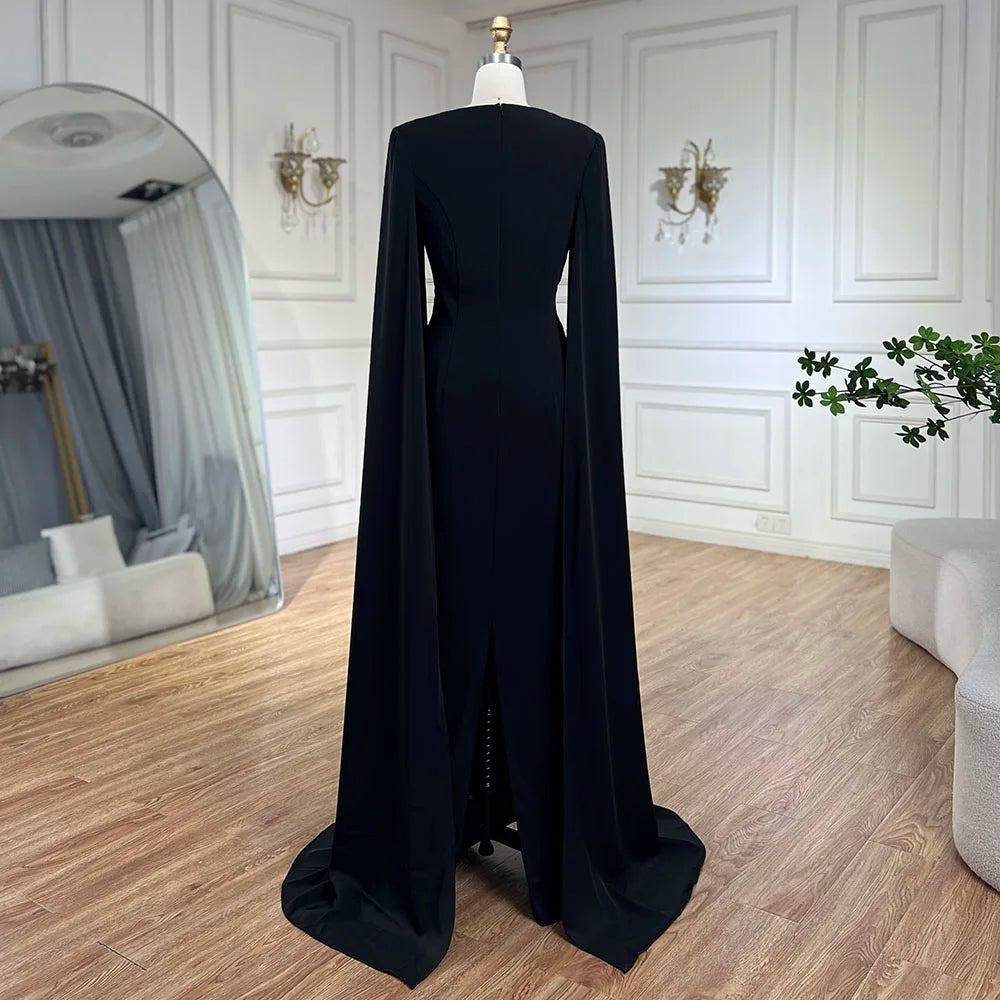 Vestido de noche de lujo estilo sirena, elegante, con mangas capa, bordado en satén y cuentas, estilo árabe, ideal para fiestas y eventos en Dubái (LA72461) 