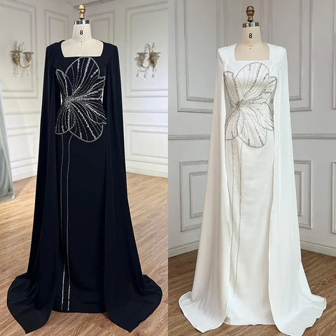 Arabic Black Mermaid Elegant Cape Sleeves Beaded Satin Luxury Dubai Evening Dresses Gowns For Women Party LA72461