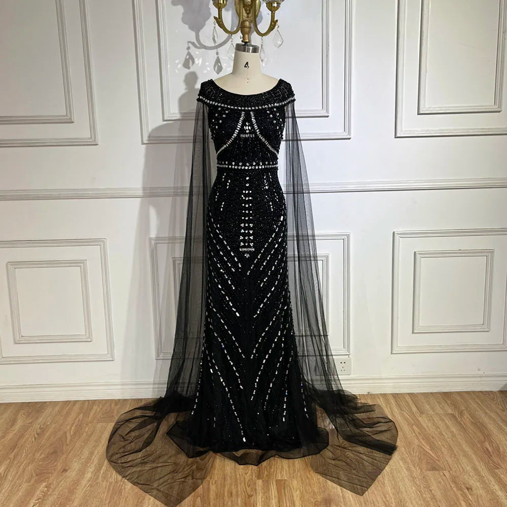 Vestido de sirena negro árabe con mangas tipo capa y lujosos bordados | Vestidos de noche para mujer, ideal para bodas y fiestas 2025 LA72423 