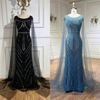 Vestido de sirena negro árabe con mangas tipo capa y lujosos bordados | Vestidos de noche para mujer, ideal para bodas y fiestas 2025 LA72423 