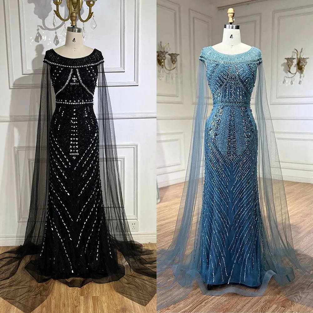 Vestido de sirena negro árabe con mangas tipo capa y lujosos bordados | Vestidos de noche para mujer, ideal para bodas y fiestas 2025 LA72423 