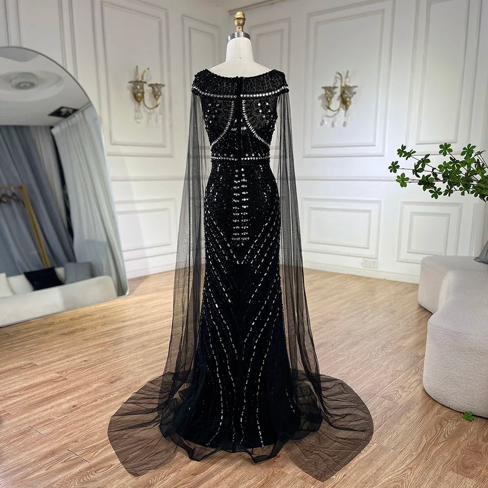 Vestido de sirena negro árabe con mangas tipo capa y lujosos bordados | Vestidos de noche para mujer, ideal para bodas y fiestas 2025 LA72423 