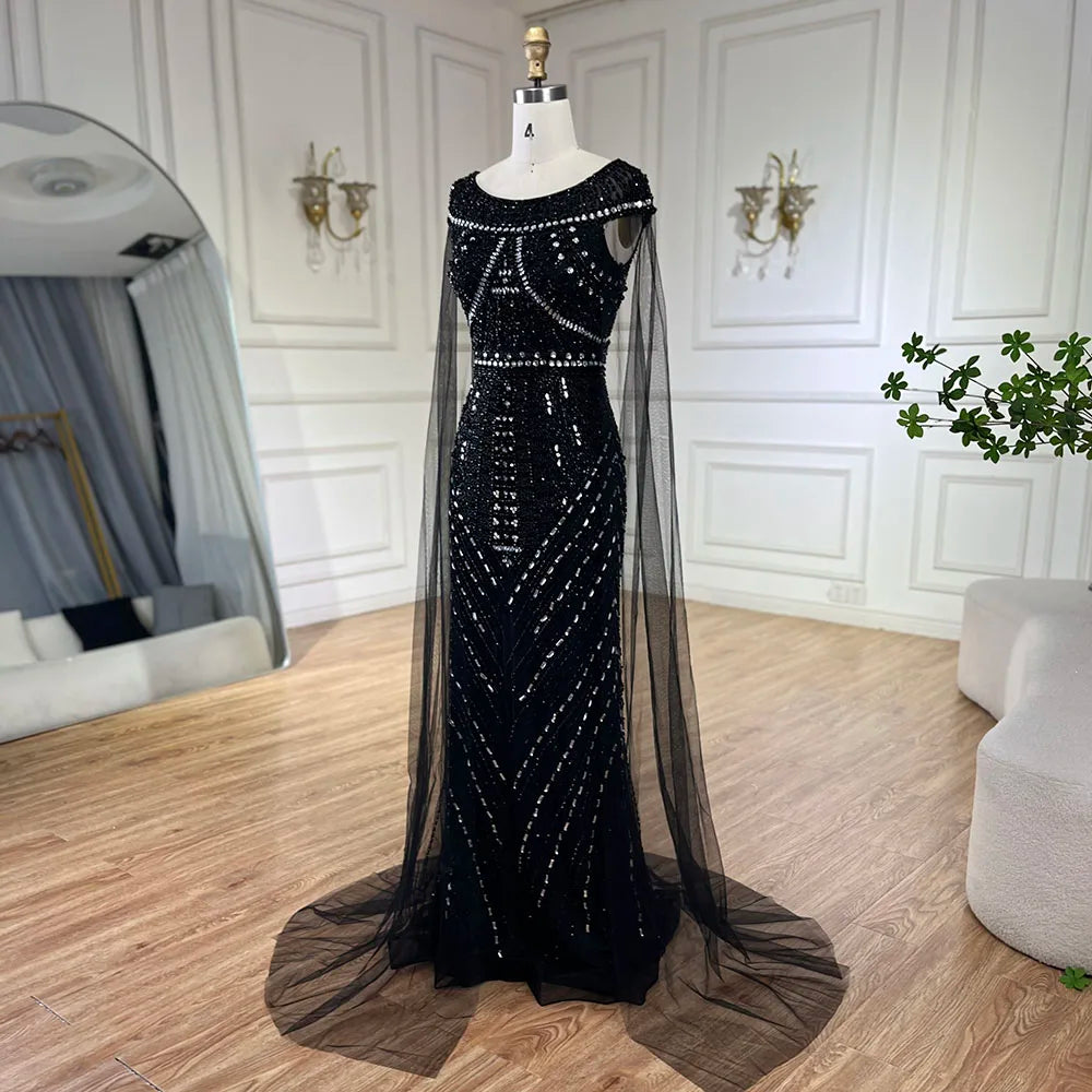 Vestido de sirena negro árabe con mangas tipo capa y lujosos bordados | Vestidos de noche para mujer, ideal para bodas y fiestas 2025 LA72423 