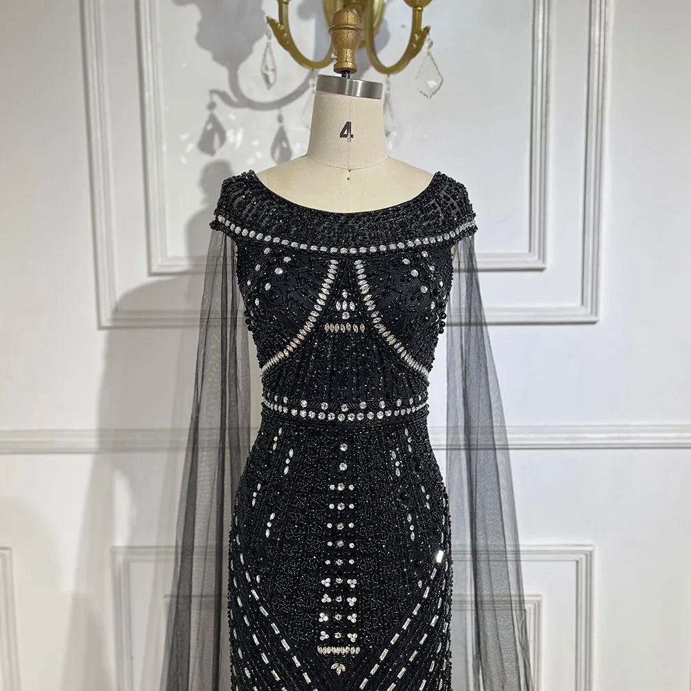 Vestido de sirena negro árabe con mangas tipo capa y lujosos bordados | Vestidos de noche para mujer, ideal para bodas y fiestas 2025 LA72423 