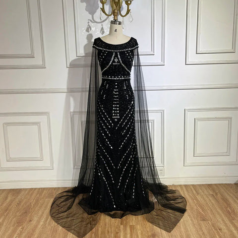 Arabic Black Mermaid Gown with Cape Sleeves and Beaded Luxury | Evening Dresses for Women Wedding Party 2025 LA72423