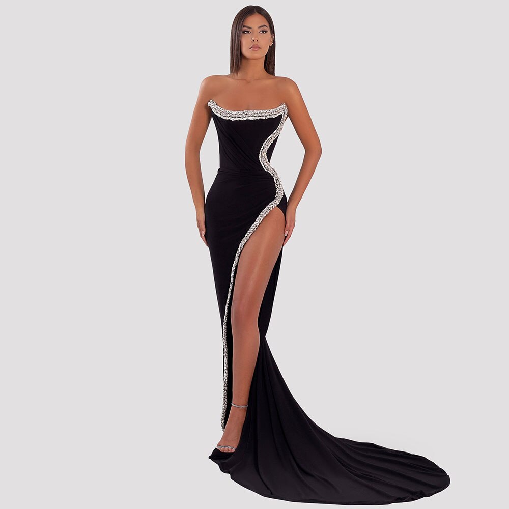 Vestidos de noche árabes negros estilo sirena, sexys, con abertura alta, hombros descubiertos y cuentas, para mujer, estilo fiesta, 2025, LA72016 