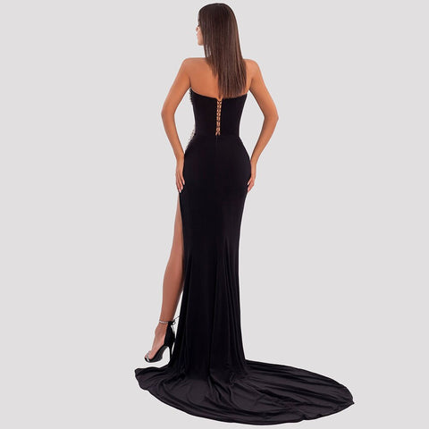 Arabic Black Mermaid Sexy High Split Off The Shoulder Beads Evening Dresses Gowns 2025 For Woman Party LA72016