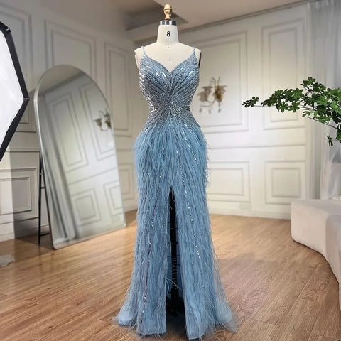 Arabic Black Spaghetti Strap Split Feathers Beaded Mermaid Evening Dresses Gownsfor Women Wedding Party 2025 LA70623