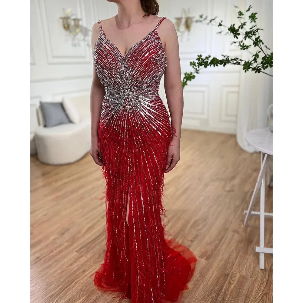 Arabic Black Spaghetti Strap Split Feathers Beaded Mermaid Evening Dresses Gownsfor Women Wedding Party 2025 LA70623