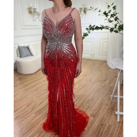 Arabic Black Spaghetti Strap Split Feathers Beaded Mermaid Evening Dresses Gownsfor Women Wedding Party 2025 LA70623