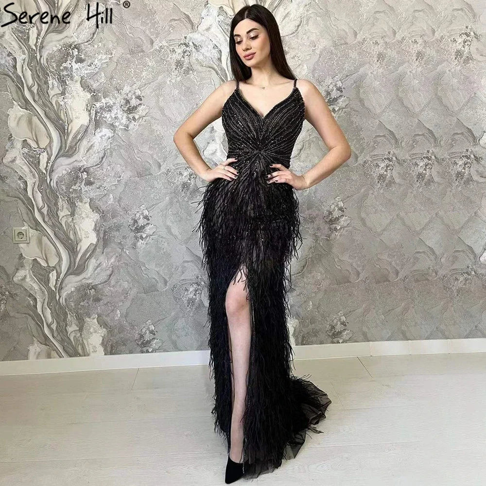Arabic Black Spaghetti Strap Split Feathers Beaded Mermaid Evening Dresses Gownsfor Women Wedding Party 2025 LA70623