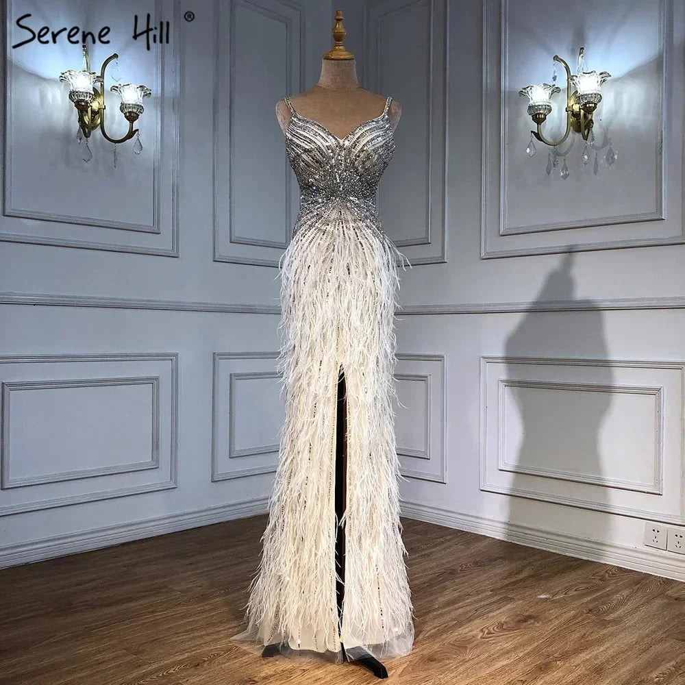 Arabic Black Spaghetti Strap Split Feathers Beaded Mermaid Evening Dresses Gownsfor Women Wedding Party 2025 LA70623