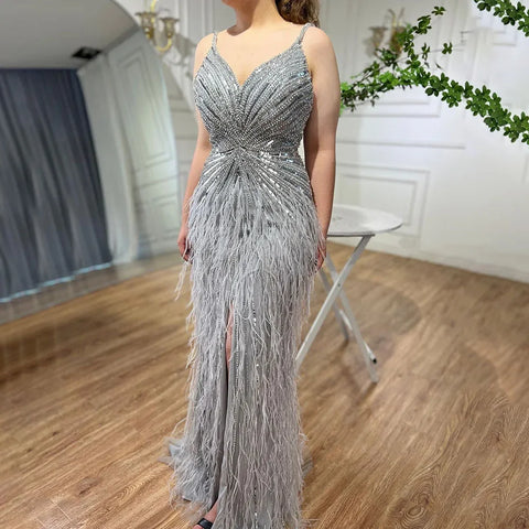 Arabic Black Spaghetti Strap Split Feathers Beaded Mermaid Evening Dresses Gownsfor Women Wedding Party 2025 LA70623