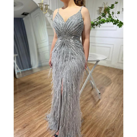 Arabic Black Spaghetti Strap Split Feathers Beaded Mermaid Evening Dresses Gownsfor Women Wedding Party 2025 LA70623