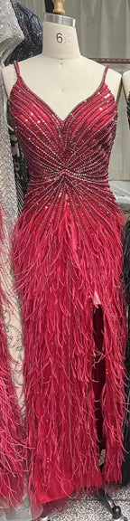 Arabic Black Spaghetti Strap Split Feathers Beaded Mermaid Evening Dresses Gownsfor Women Wedding Party 2025 LA70623