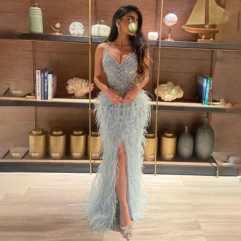 Arabic Black Spaghetti Strap Split Feathers Beaded Mermaid Evening Dresses Gownsfor Women Wedding Party 2025 LA70623