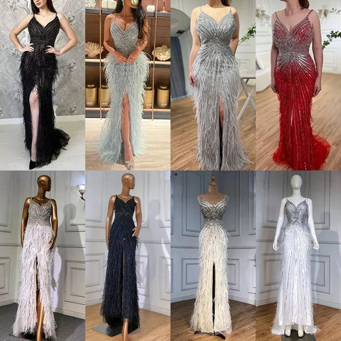 Arabic Black Spaghetti Strap Split Feathers Beaded Mermaid Evening Dresses Gownsfor Women Wedding Party 2025 LA70623