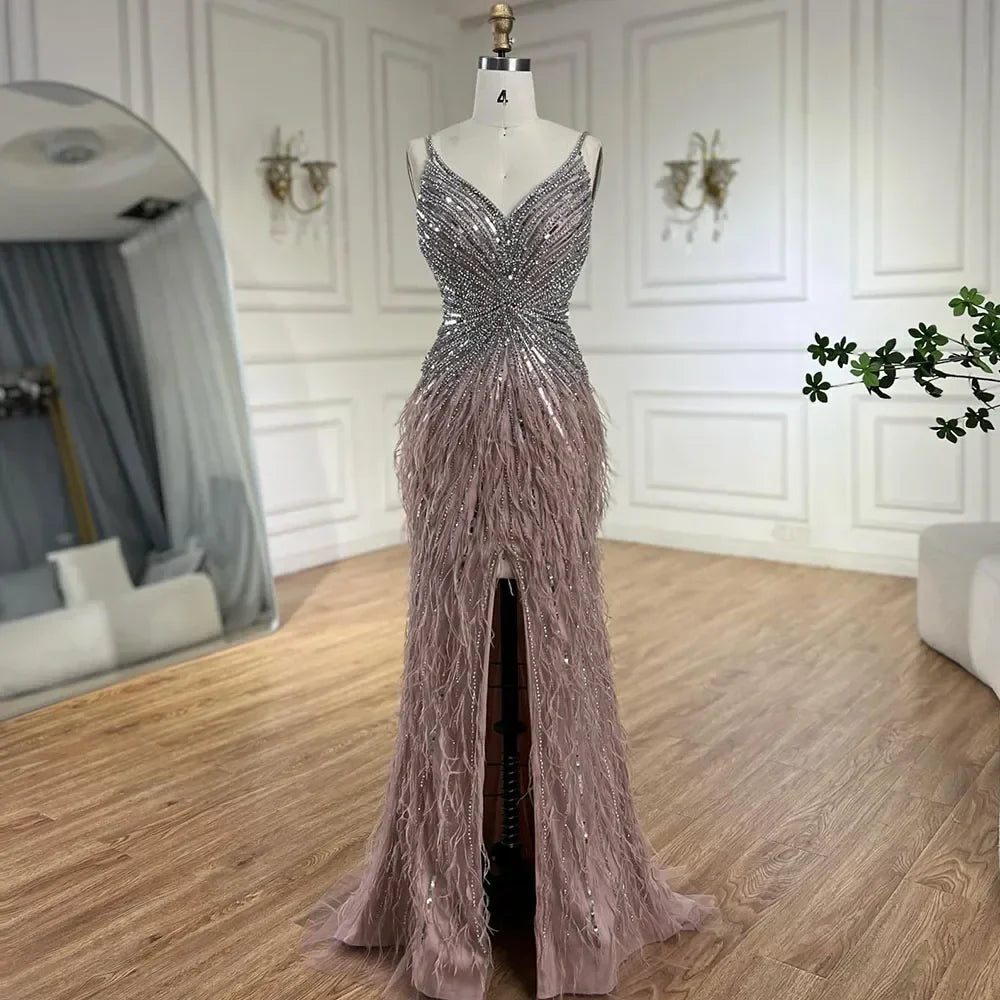 Arabic Black Spaghetti Strap Split Feathers Beaded Mermaid Evening Dresses Gownsfor Women Wedding Party 2025 LA70623
