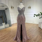 Arabic Black Spaghetti Strap Split Feathers Beaded Mermaid Evening Dresses Gownsfor Women Wedding Party 2025 LA70623
