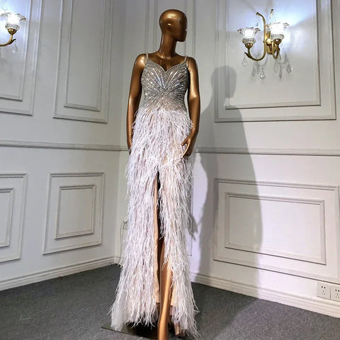 Arabic Black Spaghetti Strap Split Feathers Beaded Mermaid Evening Dresses Gownsfor Women Wedding Party 2025 LA70623