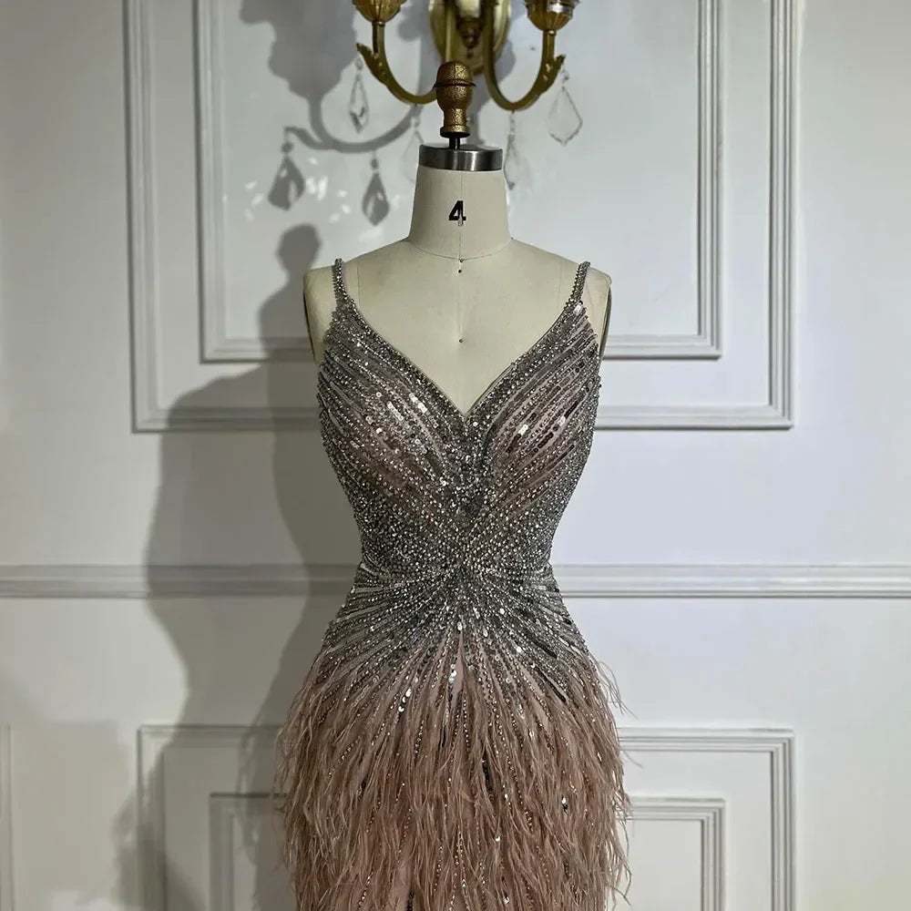 Arabic Black Spaghetti Strap Split Feathers Beaded Mermaid Evening Dresses Gownsfor Women Wedding Party 2025 LA70623