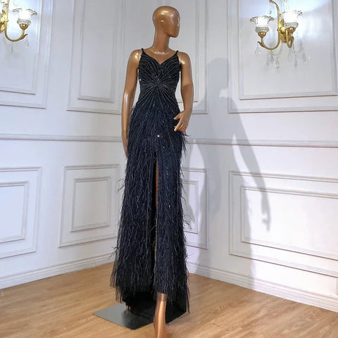 Arabic Black Spaghetti Strap Split Feathers Beaded Mermaid Evening Dresses Gownsfor Women Wedding Party 2025 LA70623