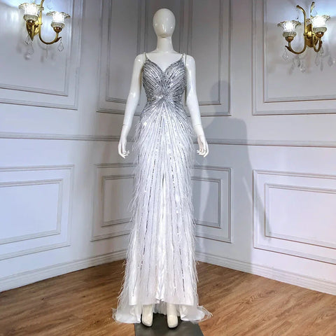 Arabic Black Spaghetti Strap Split Feathers Beaded Mermaid Evening Dresses Gownsfor Women Wedding Party 2025 LA70623