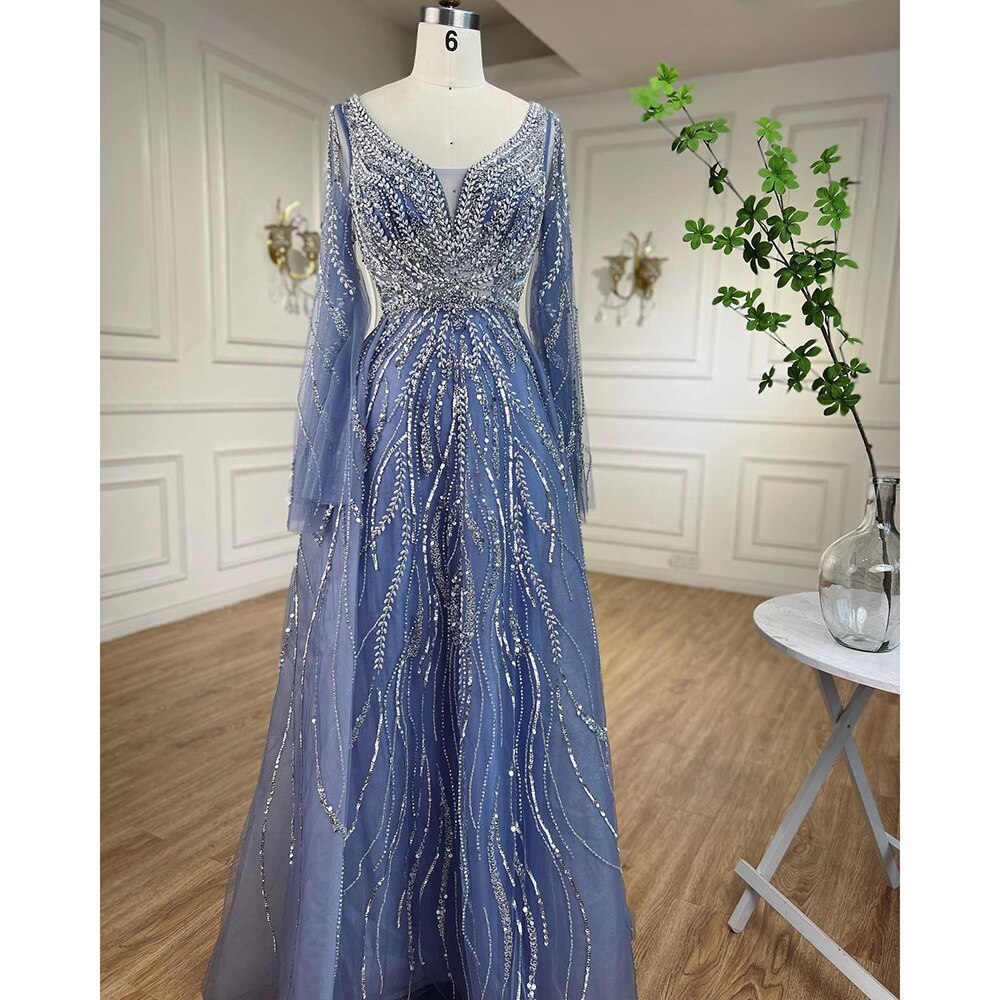 Vestidos de noche largos de corte A con cuentas en azul árabe, estilo 2025, vestidos de celebridades para mujer, ideales para bodas y fiestas LA72099 