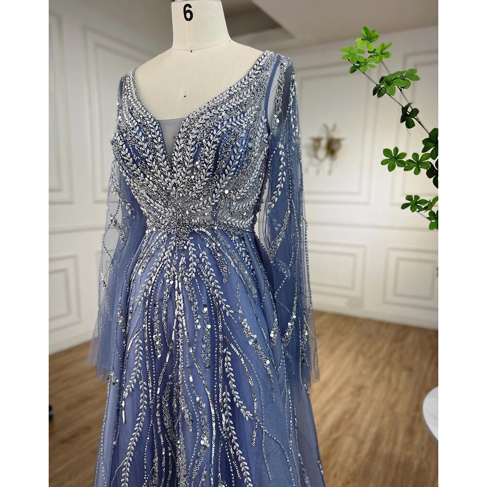 Vestidos de noche largos de corte A con cuentas en azul árabe, estilo 2025, vestidos de celebridades para mujer, ideales para bodas y fiestas LA72099 