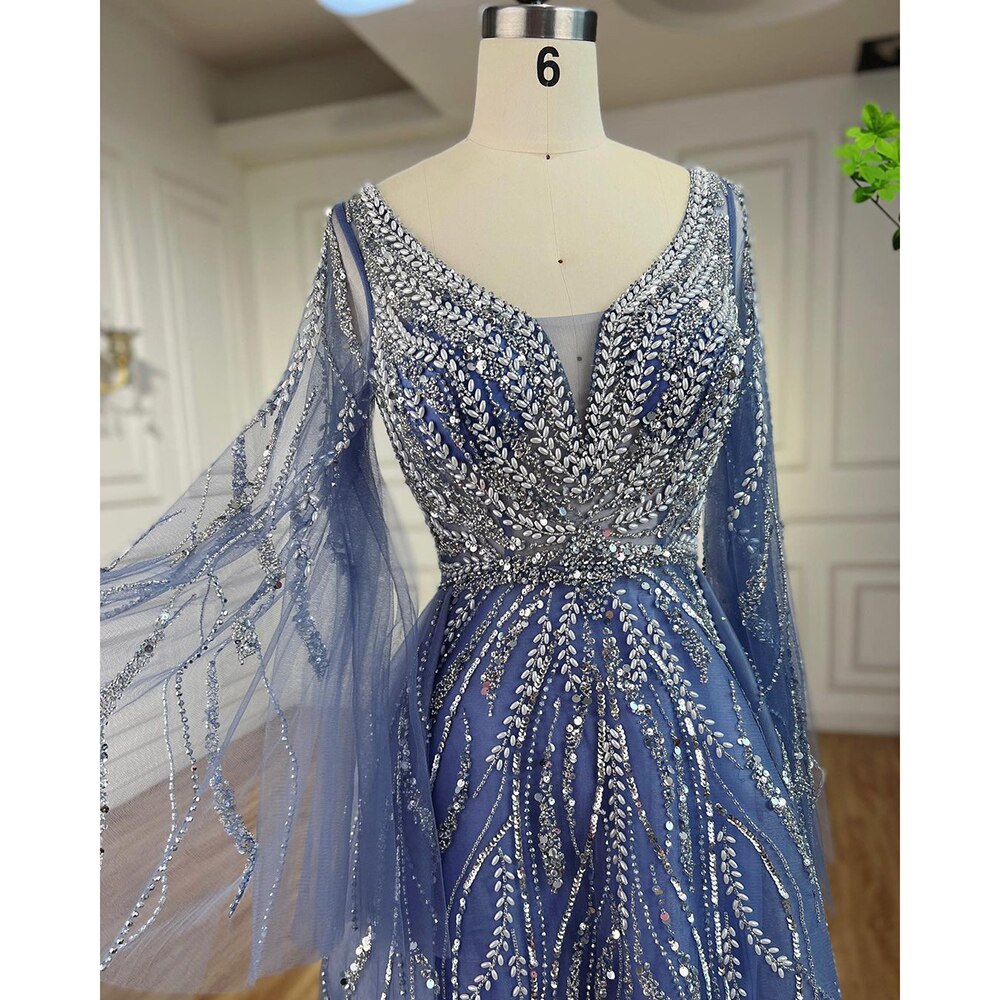 Vestidos de noche largos de corte A con cuentas en azul árabe, estilo 2025, vestidos de celebridades para mujer, ideales para bodas y fiestas LA72099 