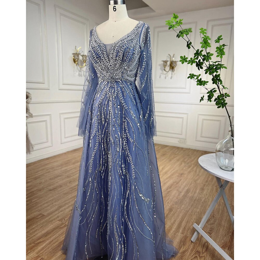 Vestidos de noche largos de corte A con cuentas en azul árabe, estilo 2025, vestidos de celebridades para mujer, ideales para bodas y fiestas LA72099 