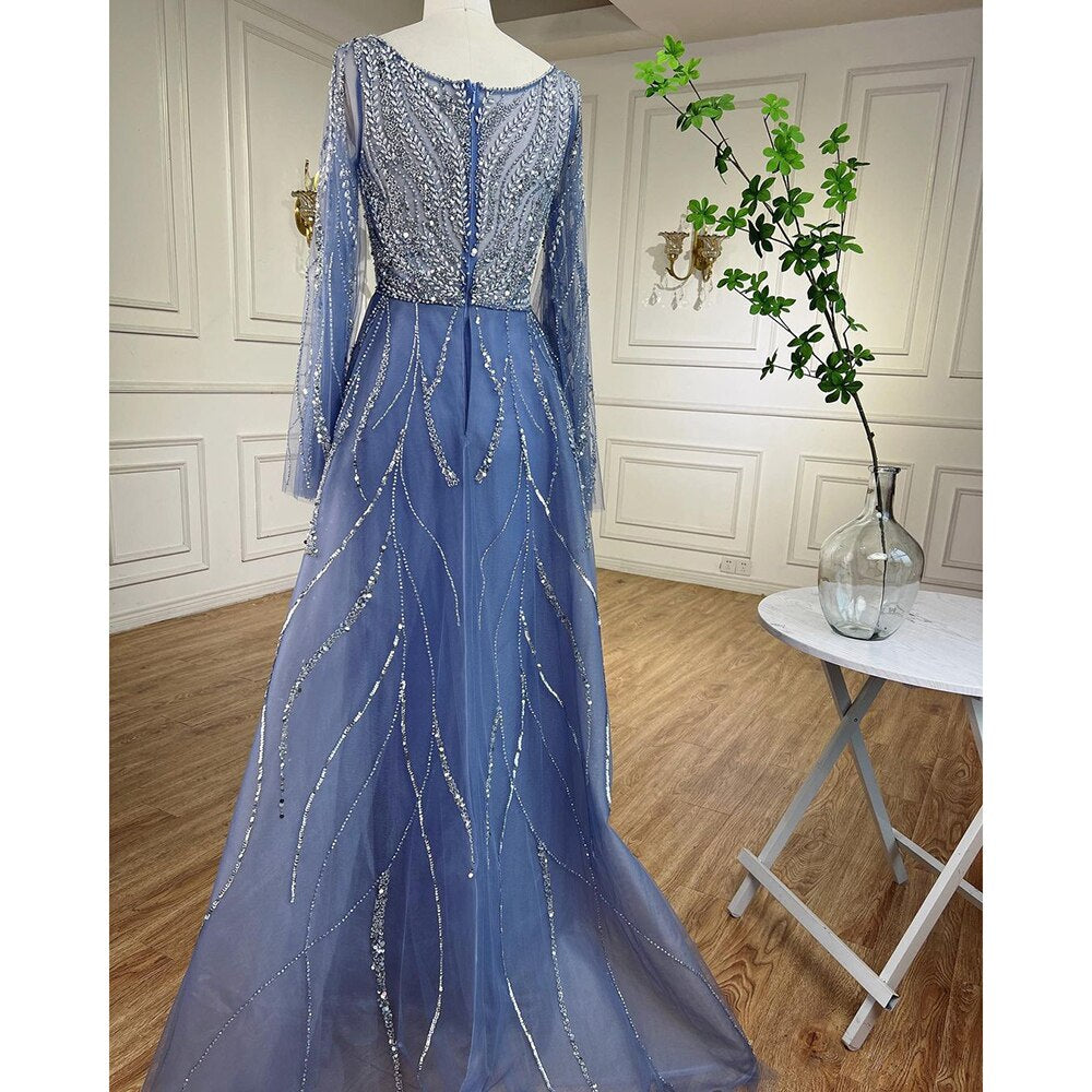 Vestidos de noche largos de corte A con cuentas en azul árabe, estilo 2025, vestidos de celebridades para mujer, ideales para bodas y fiestas LA72099 
