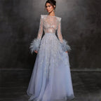 Vestidos de noche largos de lujo estilo árabe azul, corte A, con cuentas y plumas, estilo Dubai, para mujer, ideales para bodas y fiestas 2025 LA71993 