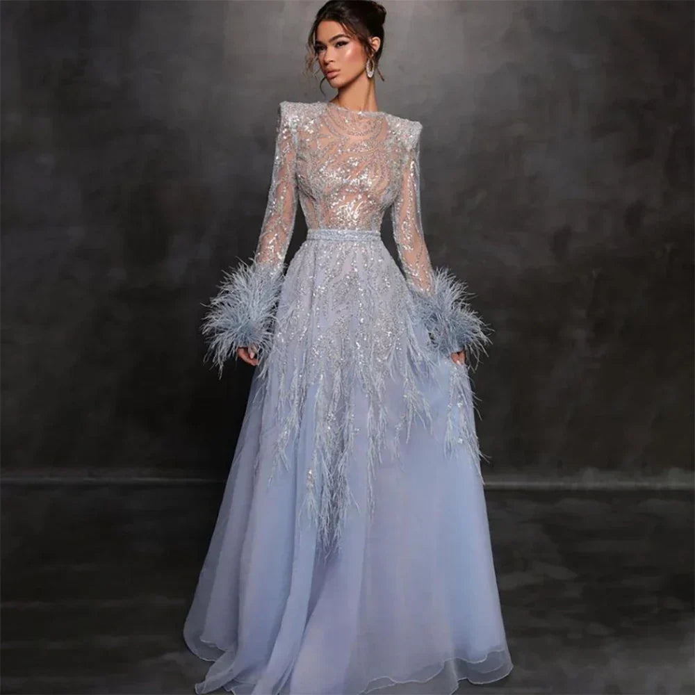 Vestidos de noche largos de lujo estilo árabe azul, corte A, con cuentas y plumas, estilo Dubai, para mujer, ideales para bodas y fiestas 2025 LA71993 