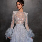 Vestidos de noche largos de lujo estilo árabe azul, corte A, con cuentas y plumas, estilo Dubai, para mujer, ideales para bodas y fiestas 2025 LA71993 