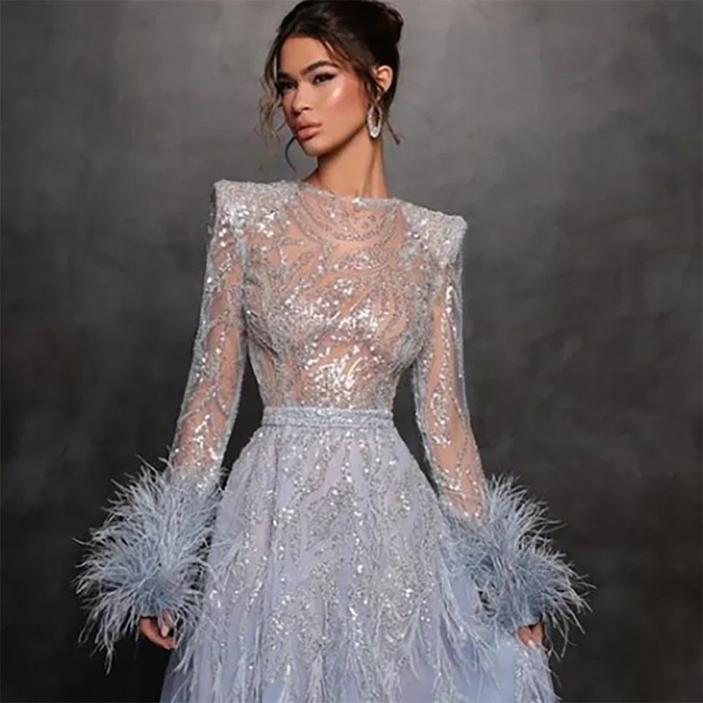 Vestidos de noche largos de lujo estilo árabe azul, corte A, con cuentas y plumas, estilo Dubai, para mujer, ideales para bodas y fiestas 2025 LA71993 