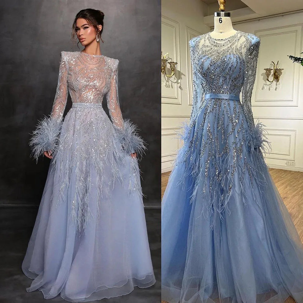 Vestidos de noche largos de lujo estilo árabe azul, corte A, con cuentas y plumas, estilo Dubai, para mujer, ideales para bodas y fiestas 2025 LA71993 