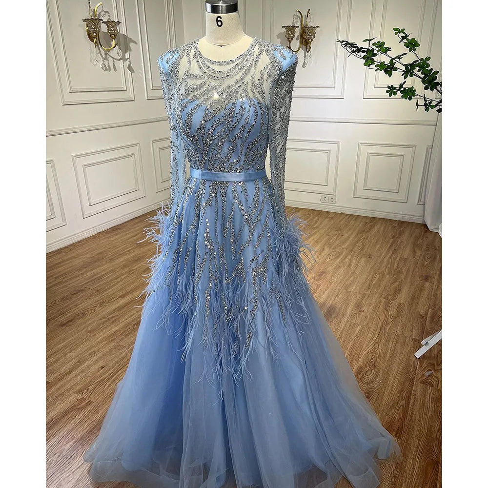 Vestidos de noche largos de lujo estilo árabe azul, corte A, con cuentas y plumas, estilo Dubai, para mujer, ideales para bodas y fiestas 2025 LA71993 