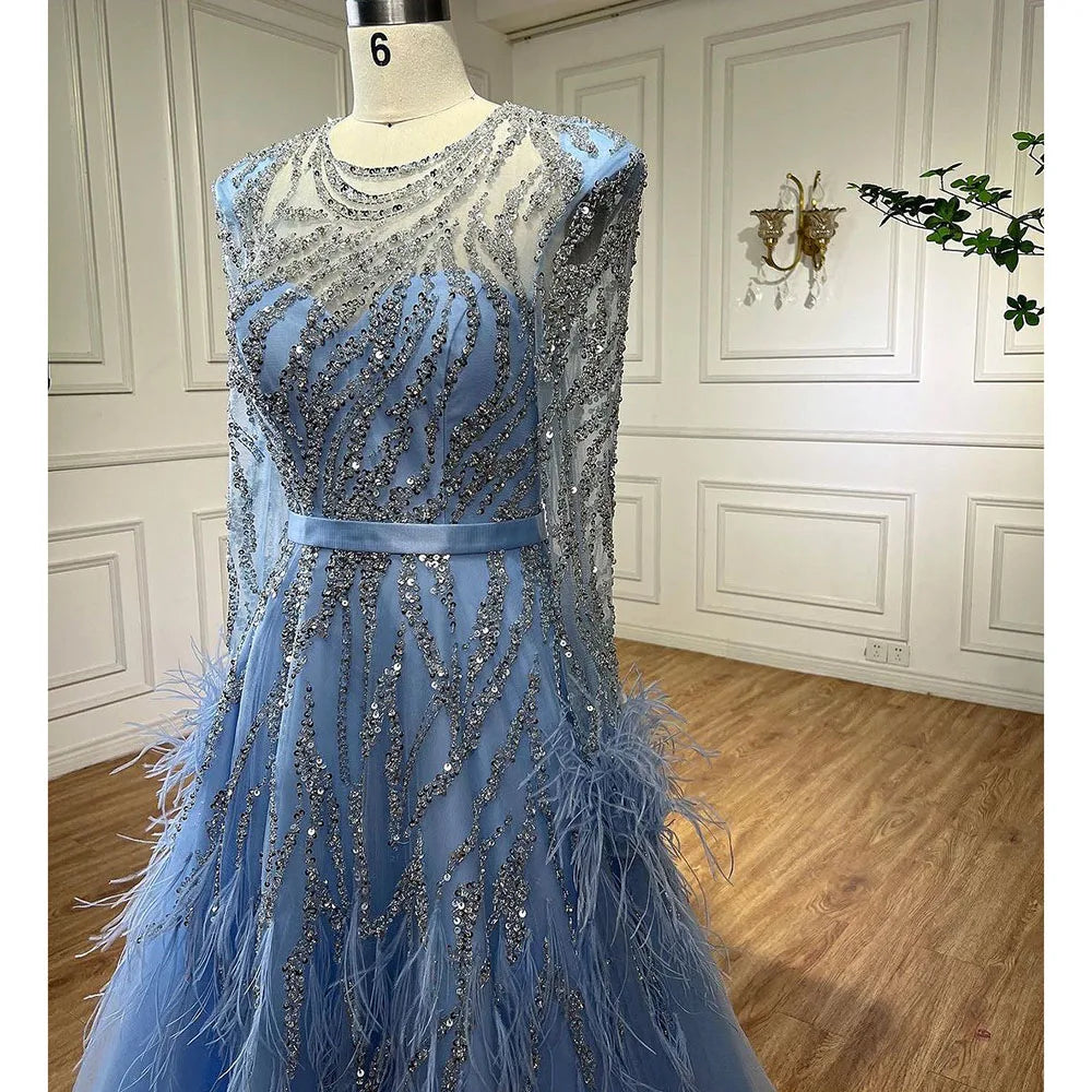 Vestidos de noche largos de lujo estilo árabe azul, corte A, con cuentas y plumas, estilo Dubai, para mujer, ideales para bodas y fiestas 2025 LA71993 