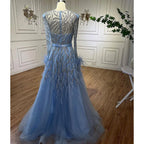 Vestidos de noche largos de lujo estilo árabe azul, corte A, con cuentas y plumas, estilo Dubai, para mujer, ideales para bodas y fiestas 2025 LA71993 
