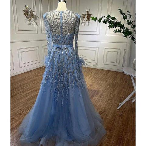 Arabic Blue A Line  Beaded Feathers Luxury Dubai Long Evening Dresses Gowns For Women Wedding Party 2025 LA71993