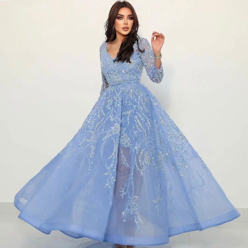 Vestidos de noche árabes azules de corte A, vestidos de lujo con cuentas y mangas largas, colección 2025 para mujer, ideales para fiestas (LA71596) 