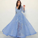 Vestidos de noche árabes azules de corte A, vestidos de lujo con cuentas y mangas largas, colección 2025 para mujer, ideales para fiestas (LA71596) 