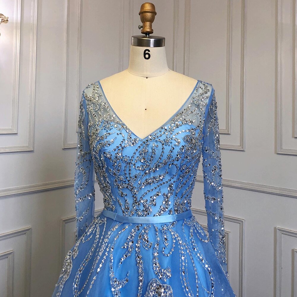 Vestidos de noche árabes azules de corte A, vestidos de lujo con cuentas y mangas largas, colección 2025 para mujer, ideales para fiestas (LA71596) 