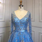Vestidos de noche árabes azules de corte A, vestidos de lujo con cuentas y mangas largas, colección 2025 para mujer, ideales para fiestas (LA71596) 
