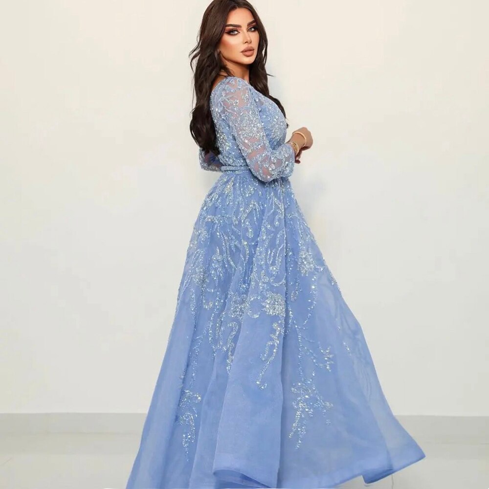 Vestidos de noche árabes azules de corte A, vestidos de lujo con cuentas y mangas largas, colección 2025 para mujer, ideales para fiestas (LA71596) 