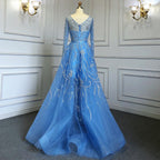 Vestidos de noche árabes azules de corte A, vestidos de lujo con cuentas y mangas largas, colección 2025 para mujer, ideales para fiestas (LA71596) 
